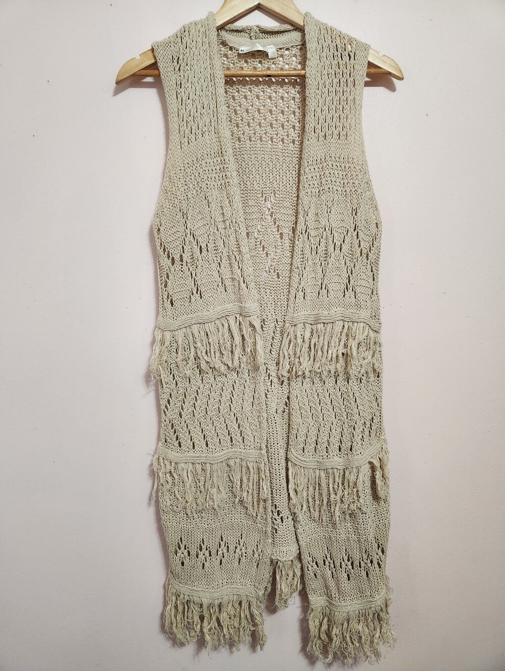Retrod Boho Open Knit Crochet Fringe Sleeveless Long Duster Vest Oatmeal Size S